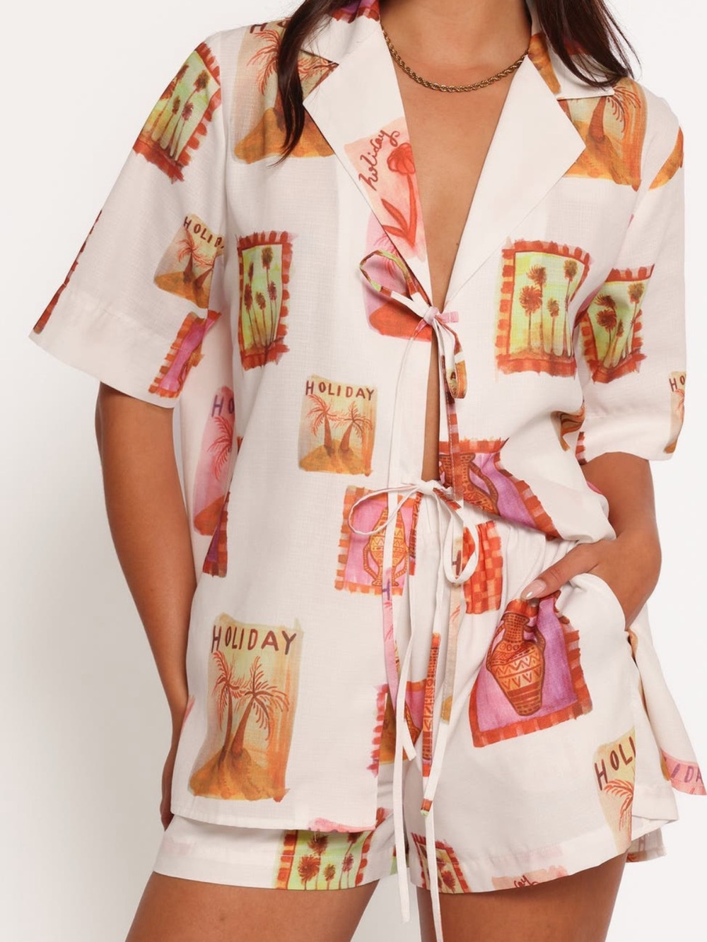 NWT Petal & Pup Aaliyah Postcard Print Tie Front Shirt